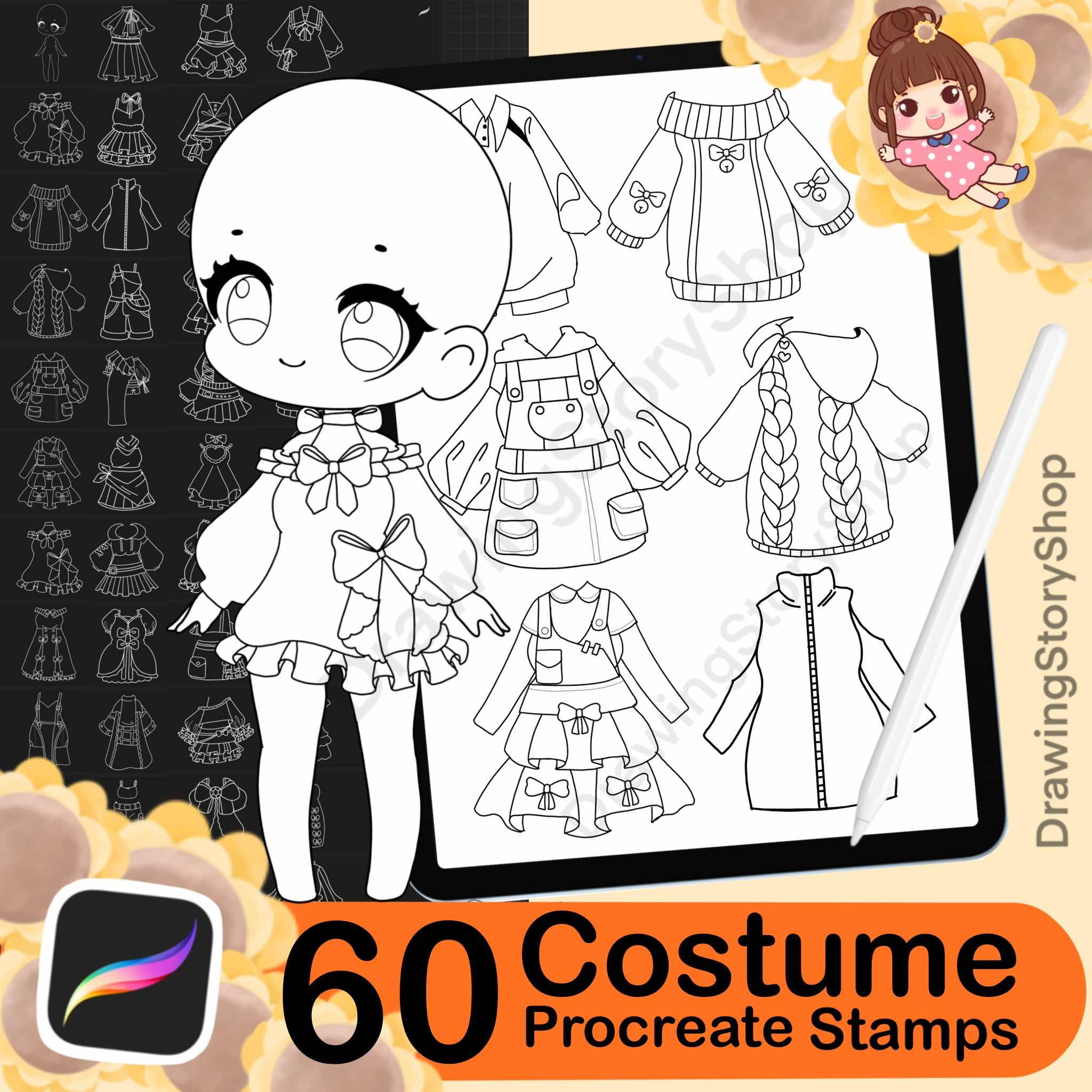 60 Procreate Chibi Clothes Stamps Set 4 – Kawaii Costume Brushes for Manga Character Maker