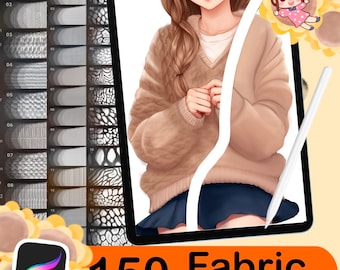 May include: A digital tablet displaying a set of 150 fabric Procreate brushes. The brushes are shown as a series of small squares with different textures, such as knit, fur, and leather. The text "150 Fabric Procreate Brushes" is displayed at the bottom of the tablet.