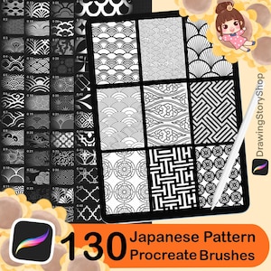 May include: A digital tablet showing 130 Japanese pattern Procreate brushes. The black and white patterns feature traditional designs. A stylus is on the screen. The image includes the Procreate app logo and text: Japanese Pattern Procreate Brushes.