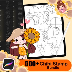 500+ Chibi stamp brushes, Chibi body guide, Chibi eye stamp, Chibi hair style, Anime Procreate Brushes Manga Comics