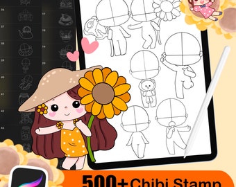 500+ Chibi stamp brushes, Chibi body guide, Chibi eye stamp, Chibi hair style, Anime Procreate Brushes Manga Comics