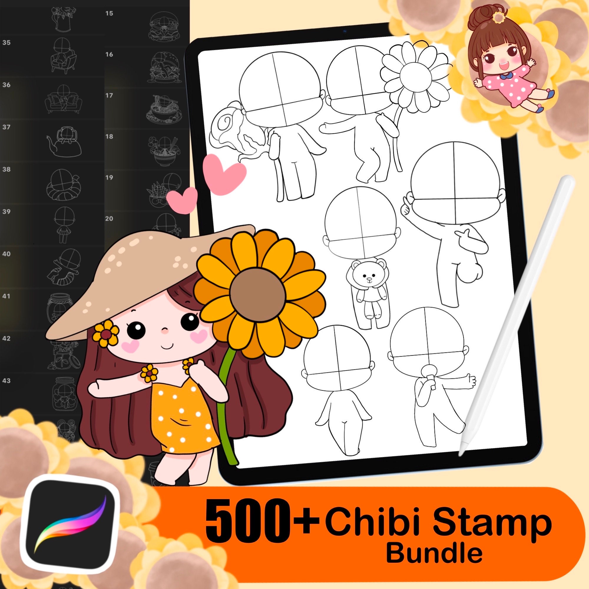 Más de 500 pinceles sello Chibi para Procreate: guías de cuerpo, ojos, cabello y sets de anime manga