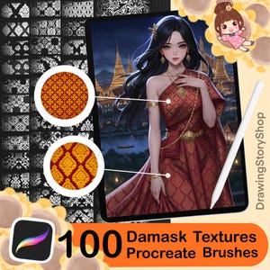 Puede incluir: Producto de arte digital con 100 Damask Textures Procreate Brushes. La imagen incluye una ilustración digital de una mujer con vestimenta tradicional, una tableta que muestra patrones y un lápiz óptico. La paleta de colores incluye rojo, dorado y negro.