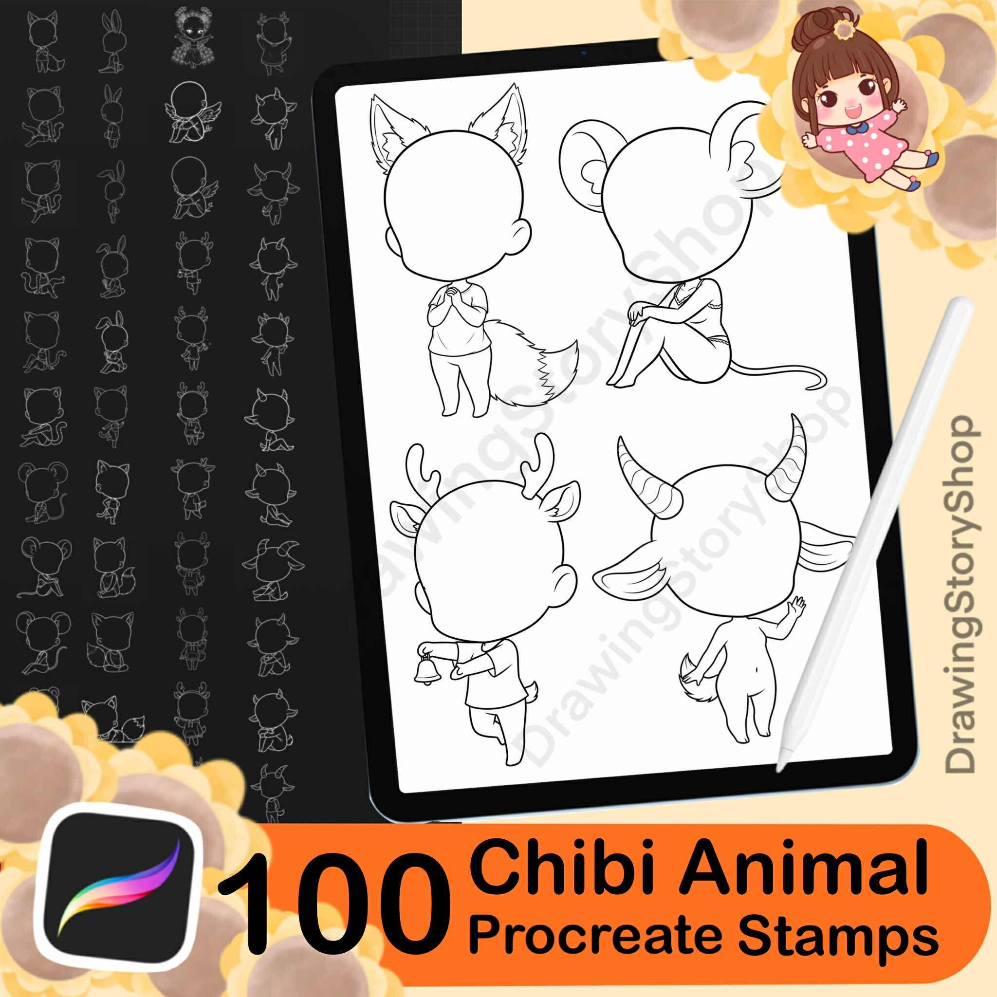 100 Procreate Chibi Girl Animal Stamp Brushes | Procreate Chibi Poses ...