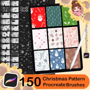 Könnte beinhalten: Ein digitales Tablet zeigt verschiedene Weihnachtsmuster, darunter Weihnachtsmänner, Zuckerstangen und Weihnachtsbäume. Ein Stift liegt neben dem Tablet, mit dem Text "150 Christmas Pattern Procreate Brushes."