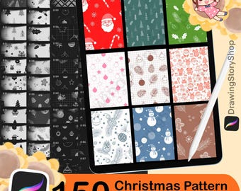 150 pinceles de patrones navideños para Procreate, patrones sin costuras, fondos navideños, conjunto de patrones festivos