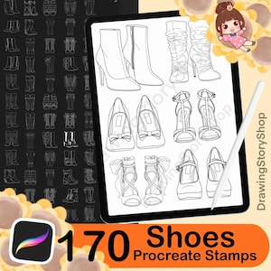 May include: Digital illustration of various shoe styles, including boots, heels, and flats, displayed on a tablet. The image is a Procreate stamp set with the text "170 Shoes Procreate Stamps". A stylus and a cartoon character are also visible.
