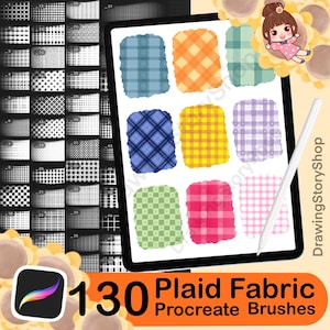 May include: A digital art product showcasing 130 plaid fabric Procreate brushes. The image displays a tablet with various plaid patterns in blue, orange, yellow, and pink. A stylus and a Procreate app icon are also visible.