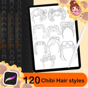 120 Procreate Hair Stamps Brushes, Anime Hair Brushes,Chibi girl hairstyles, Hairstyles Stamps, Digital Brushes Stamps, Manga Hair