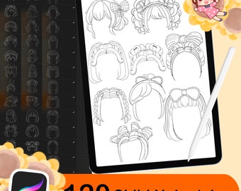 120 Procreate Haarstempel Bürsten, Anime-Haarbürsten, Chibi-Mädchenfrisuren, Frisurenstempel, digitale Bürstenstempel, Manga-Haare