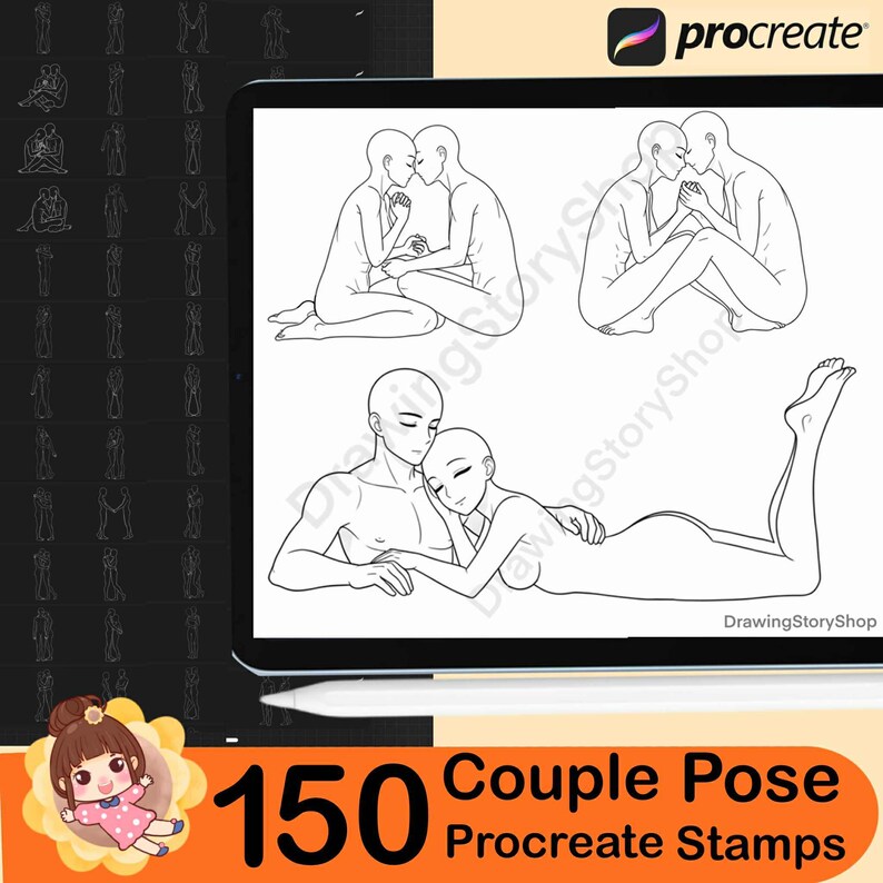 May include: A digital illustration on a tablet shows couple poses. The image includes line art of couples in various intimate positions. The text on the image reads "150 Couple Pose Procreate Stamps" and "DrawingStoryShop". The Procreate logo is in the top right corner.