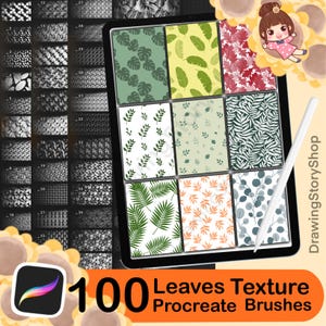 May include: A digital art product displayed on a tablet, featuring 100 leaf texture Procreate brushes. The image showcases various leaf patterns in green, orange, and gray, alongside a stylus. The product logo is visible, with the text "100 Leaves Texture Procreate Brushes".