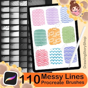 Könnte beinhalten: Ein digitales Kunstset mit 110 Procreate-Pinseln für unordentliche Linien. Das Bild zeigt ein Tablet mit farbenfrohen Pinselstrichbeispielen, einen Stift und ein Procreate-App-Symbol. Die Pinsel umfassen verschiedene Texturen und Muster.