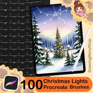 May include: A digital art illustration on a tablet shows a winter landscape with a decorated Christmas tree. The image is surrounded by a black border and a white stylus. The text reads "100 Christmas Lights Procreate Brushes."