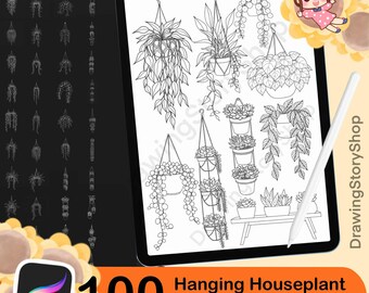 May include: A digital illustration of 100 hanging houseplant Procreate stamps. The image shows a tablet displaying various line drawings of hanging plants in pots. A stylus rests on the tablet. The image also includes a Procreate app icon and text.