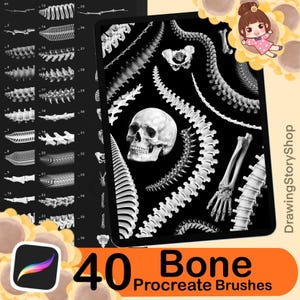 Może przedstawiać: Cyfrowa grafika z ilustracjami czaszek, kości i kręgosłupów. Obraz przedstawia kolekcję 40 pędzli Procreate do kości, idealnych dla artystów cyfrowych. Grafika jest na czarnym tle, z postacią z kreskówki w prawym górnym rogu.