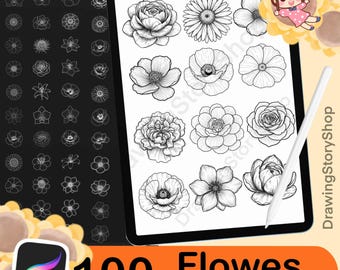 May include: A digital art display featuring 100 flower Procreate stamps. The image shows a tablet with various detailed black and white floral illustrations, a stylus, and a Procreate app icon. The text reads "100 Flowers Procreate Stamps."