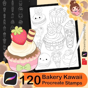 May include: A set of 120 black and white Procreate stamps featuring cute bakery and dessert illustrations. The stamps include a variety of pastries, cakes, and drinks, such as cupcakes, doughnuts, macarons, and coffee. The text "Bakery Kawaii Procreate Stamps" is displayed at the bottom of the image.
