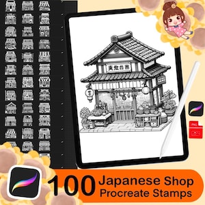 May include: A set of 100 black and white Japanese shop Procreate stamps. The stamps feature a variety of shops, including a bakery, a flower shop, and a tea shop. The stamps are perfect for adding a touch of Japanese culture to your digital art.