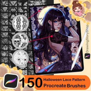 May include: Digital art featuring a woman with long black hair, glasses, and a black dress, set against a Halloween-themed background. The image showcases 150 Halloween lace pattern Procreate brushes, with examples of skull and spiderweb designs.