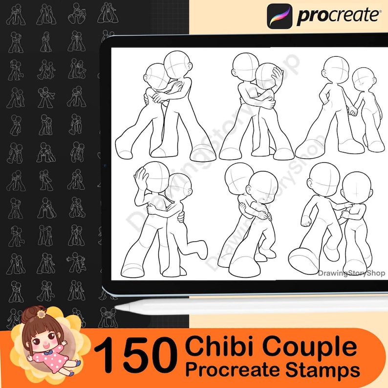 May include: A digital art illustration of a tablet screen displaying various chibi couple poses. The screen shows line art drawings of hugging and interacting figures. The image includes the text "150 Chibi Couple Procreate Stamps".