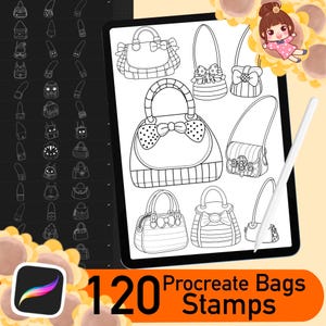 以下が含まれることがあります： 120個のProcreateバッグスタンプのデジタルイラスト。画像には、トートバッグ、クラッチバッグ、ショルダーバッグなど、さまざまなバッグが白黒で描かれています。