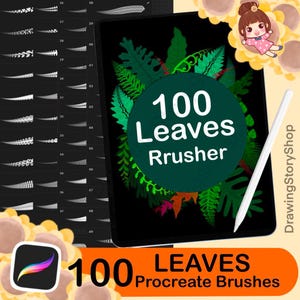 Puede incluir: Una ilustración digital de 100 pinceles de hojas para Procreate. La imagen muestra la pantalla de una tableta con una vista previa de los pinceles, un fondo verde y negro con hojas, y el texto "100 Leaves Rrusher".