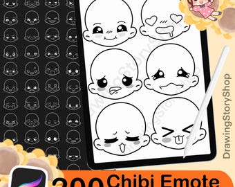 Pennelli per emoticon chibi per Procreate. Stampi per teste chibi per Procreate, timbro per volti con espressioni chibi. Set di pennelli anime e manga per Procreate 1