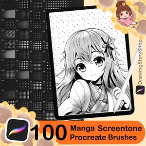 May include: A set of 100 manga screentone Procreate brushes. The image shows a black and white illustration of a girl with long hair, wearing a kimono. The image is displayed on a tablet screen. The text "100 Manga Screentone Procreate Brushes" is displayed below the tablet screen.