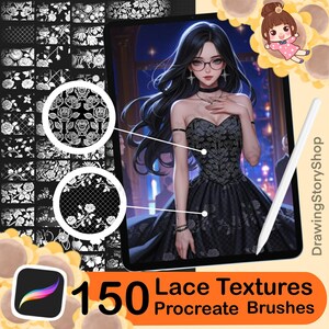 May include: Digital art set featuring 150 lace textures for Procreate brushes. The image includes a digital illustration of a woman in a black dress, examples of lace patterns, and a stylus. The text reads "150 Lace Textures Procreate Brushes".