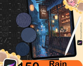 150 Procreate Rain & Storm Brushes, Realistic Rainfall, Drizzle, Water Droplet Stamps for Digital Artwork