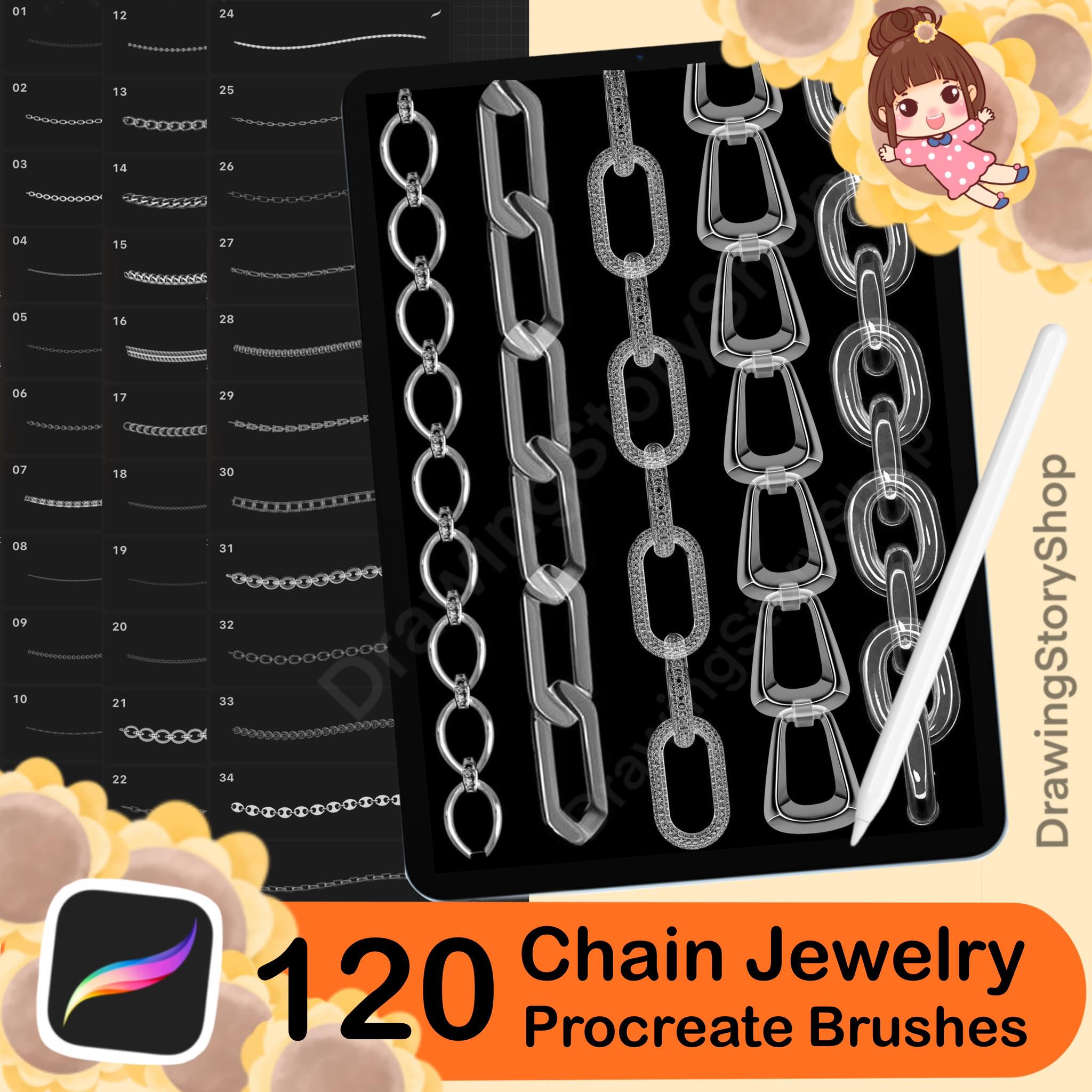 120 pinceles de cadenas para Procreate – Set de brochas de joyería metálica y collares para diseño de moda