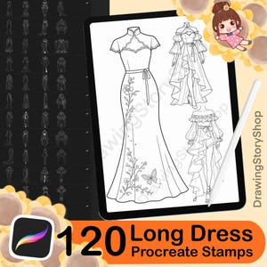 120 Procreateドレススタンプブラシ、Procreateドレス服スタンプ、Procreate服ファッションデザインブラシスタンプ、ロングドレススタンプ