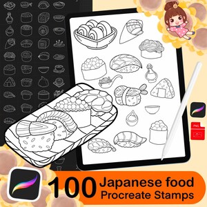 Puede incluir: Un conjunto de 100 ilustraciones de comida japonesa en blanco y negro para Procreate. Las ilustraciones incluyen sushi, ramen, onigiri y otros platos japoneses.