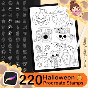 May include: A digital art set with 220 Halloween Procreate stamps. The image shows a tablet displaying black and white Halloween illustrations, such as a pumpkin, skull, bat, and teddy bear. A stylus and the Procreate app icon are also visible.