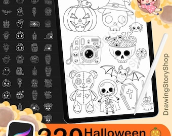 220 pinceles de Halloween para Procreate. Escalofriante, fantasma, murciélago, calabaza, bruja, calavera, y sello de pincel chibi para garabatos de Procreate.