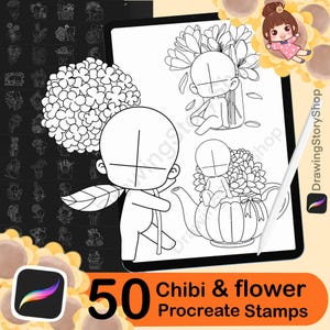 50 Procreate Chibi&Flower Kawaii Brush Set, Procreate Chibi Poses, Procreate Anime, Chibi Base, Anime Base, Procreate Emote,Chibi Stamps