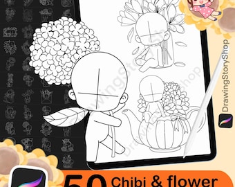 Puede incluir: Sellos de arte digital para Procreate con 50 figuras chibi con flores. La imagen muestra una tableta con dibujos lineales de personajes chibi con flores, un lápiz óptico y un logotipo. El texto dice "50 Chibi & flower Procreate Stamps."