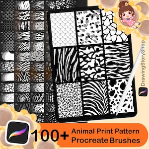 May include: A digital art set with over 100 animal print pattern Procreate brushes. The image shows a variety of black and white animal print patterns, including zebra stripes, leopard spots, and giraffe patterns. A stylus and a tablet are also visible.
