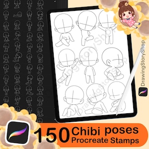 150 podstawowych chibi stempli Procreate, stempli ciała chibi Procreate, pędzli chibi, anime Procreate, pędzli mangi, projektu postaci Procreate