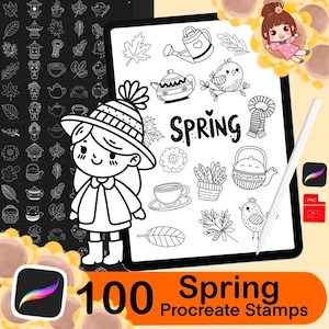 100 sellos de primavera de Procreate, sellos de Procreate, hojas, animales, pájaros, taza de café, tetera, juego de pinceles de naturaleza, garabatos abstractos, dibujados a mano, hojas,