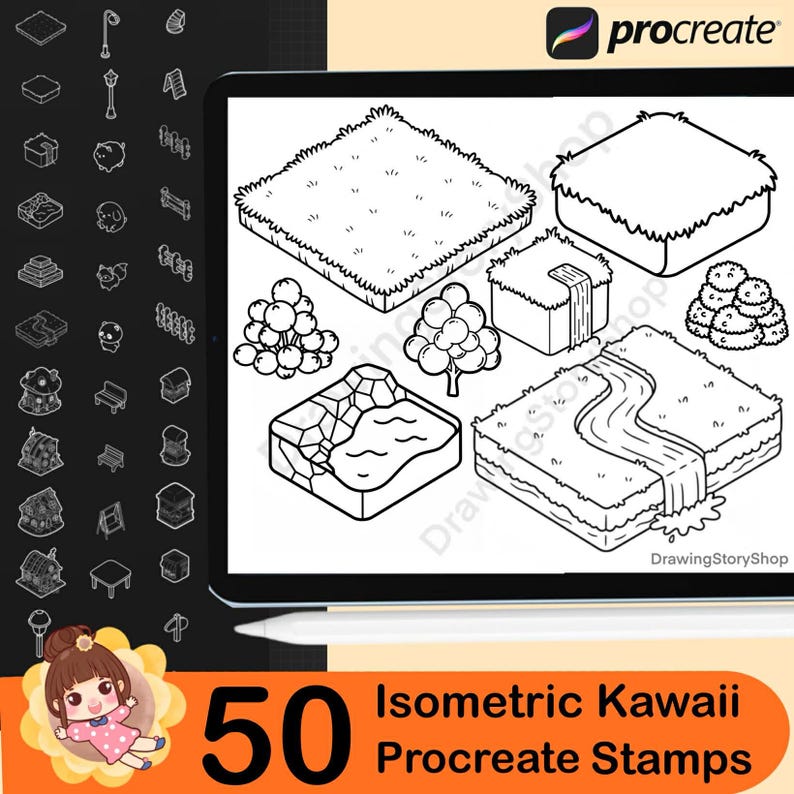 50 Procreate Isometric Kawaii Garden Stamp Brushes | Kawaii Textured ...