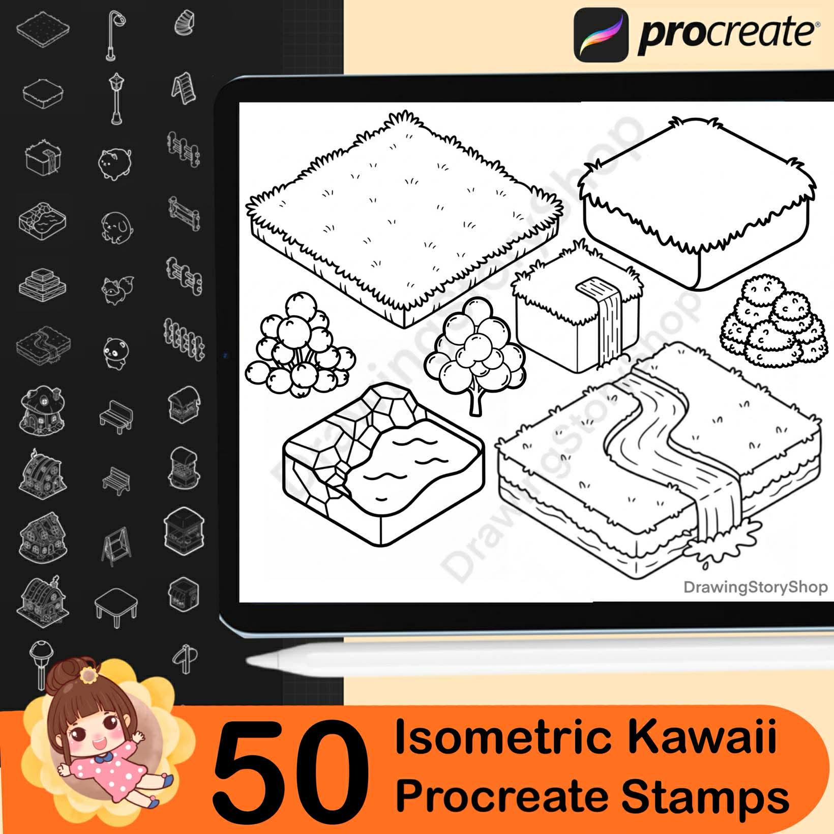 50 Procreate Isometric Kawaii Garden Stamp Brushes | Kawaii Textured ...