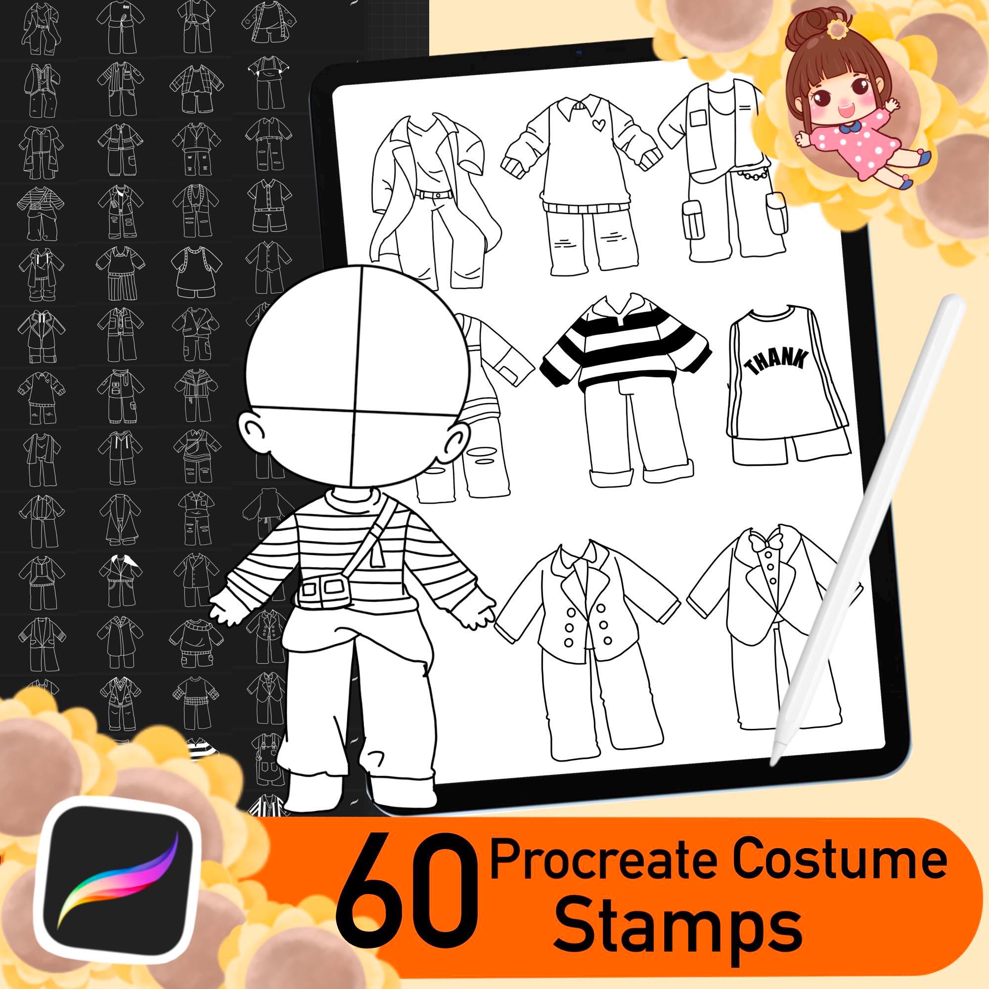 60 sellos de ropa chibi para Procreate Set 2 – Pinceles de disfraces kawaii para creador de personajes manga