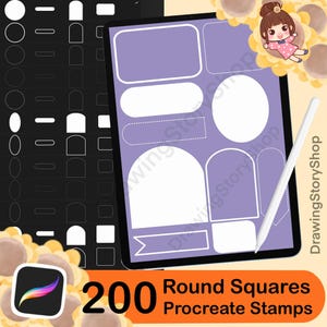 May include: A digital art design showing a tablet with white shapes on a purple background, including circles, rectangles, and rounded squares. A white stylus is next to the tablet. The image includes the text "200 Round Squares Procreate Stamps."