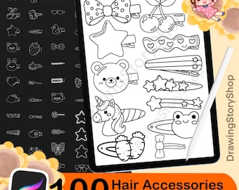 100 Cute Kawaii Hair Clip Stamps for Procreate | Chibi Hair Accessories Brush Set