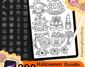 200 Procreate Halloween Stamps Bundle | Kawaii Spooky Doodle Brushes | Cute Skull, Candy, Bat & Gothic Elements