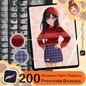 May include: Digital art product with 200 Christmas fabric texture Procreate brushes. The image shows a digital illustration of a person in a red sweater and blue skirt. The product also features a Procreate app logo.