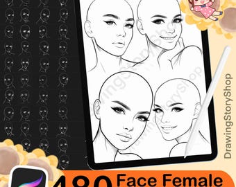 Puede incluir: Un producto de arte digital que se muestra en una tableta, con cuatro bocetos de rostros femeninos. La imagen incluye un lápiz óptico y el texto "480 Face Female Procreate Stamps". Se muestran bocetos de rostros adicionales a la izquierda. Un personaje de dibujos animados está en la esquina superior derecha.