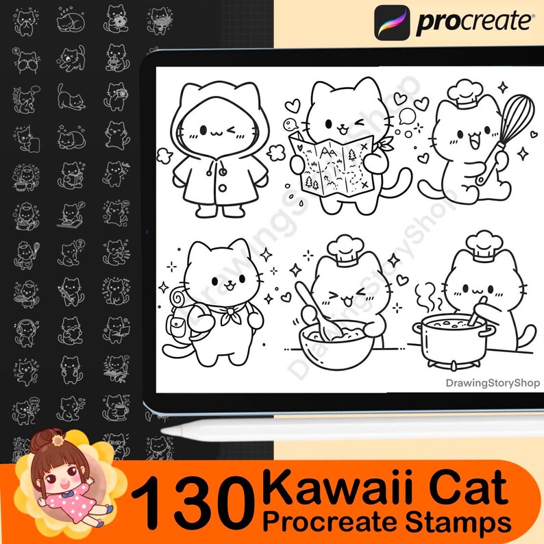 130 Procreate Cute Kawaii Cat Stamps, Kitty Daily Life Doodle Brushes ...